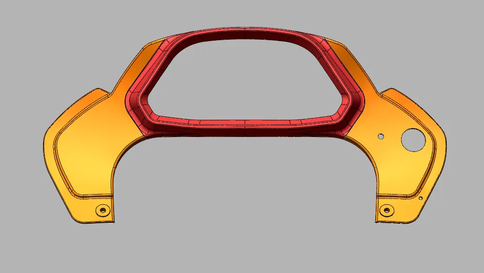 Capture d’écran du modèle 3D d’une pièce en CAO, orange et rouge sur fond gris, avant son impression